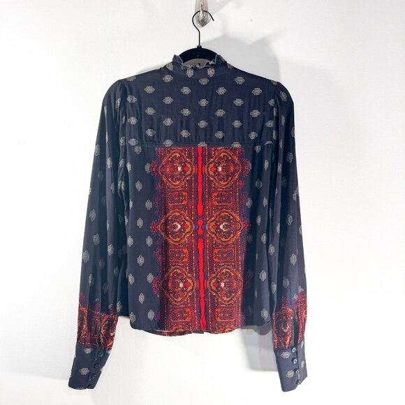 Free People Wishing Well Border Print Button Up Blouse Blue Red Women's Size S - Picture 3 of 9